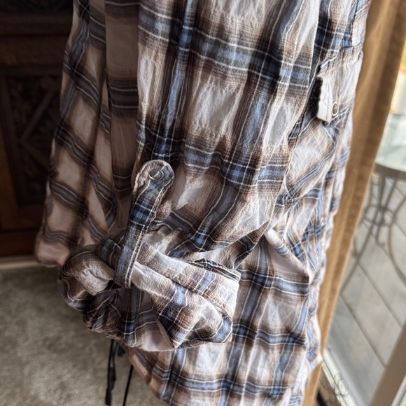 Lightweight Plaid Button-Front Shirt Jacket - White, Brown & Blue - Picture 4 of 7